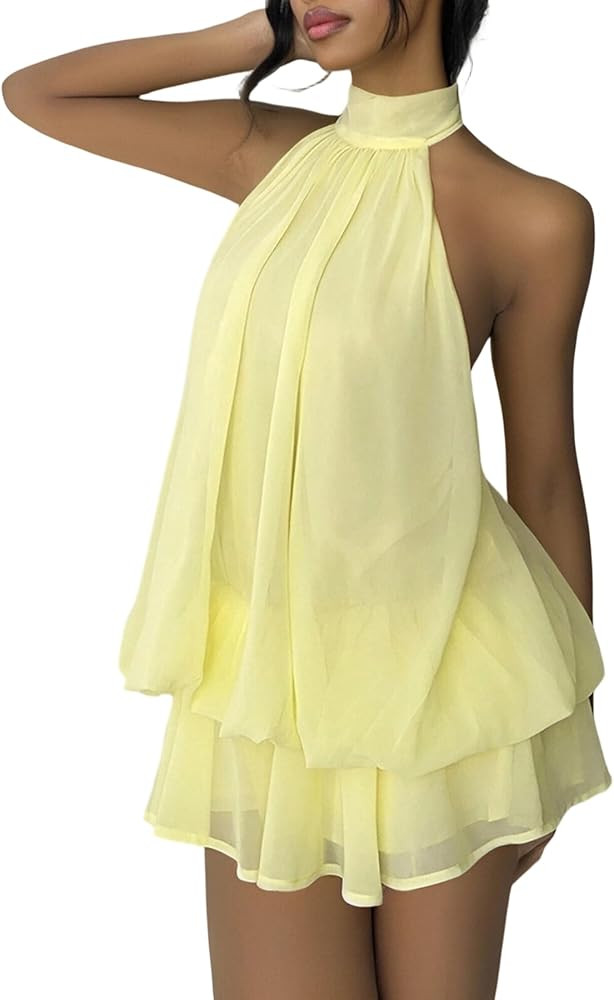 SHINFY Women Chiffon Halter Cocktail Dresses for Wedding Guest Ruffle Mini Beach Vacation Birthda... | Amazon (US)