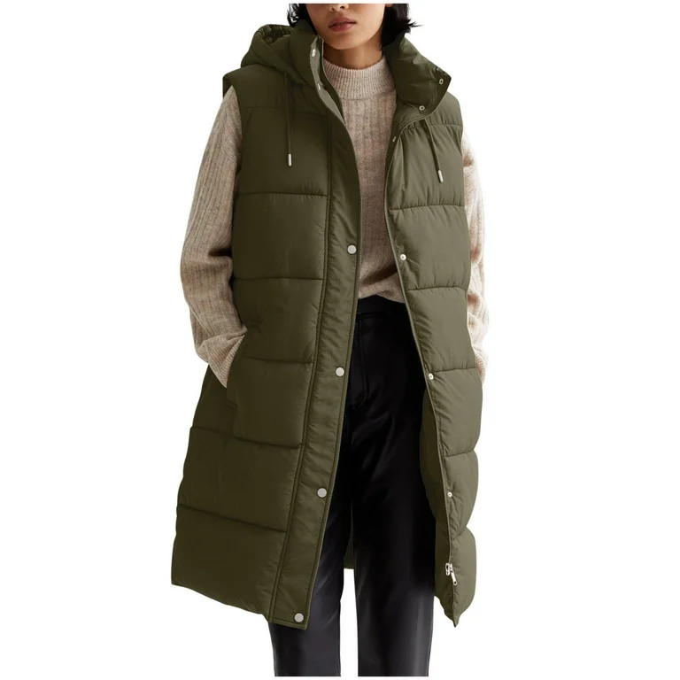 Htigea Clearance Women's Long Quilted Puffer Vest Sleeveless Hooded Button Down Padded Coats Jack... | Walmart (US)