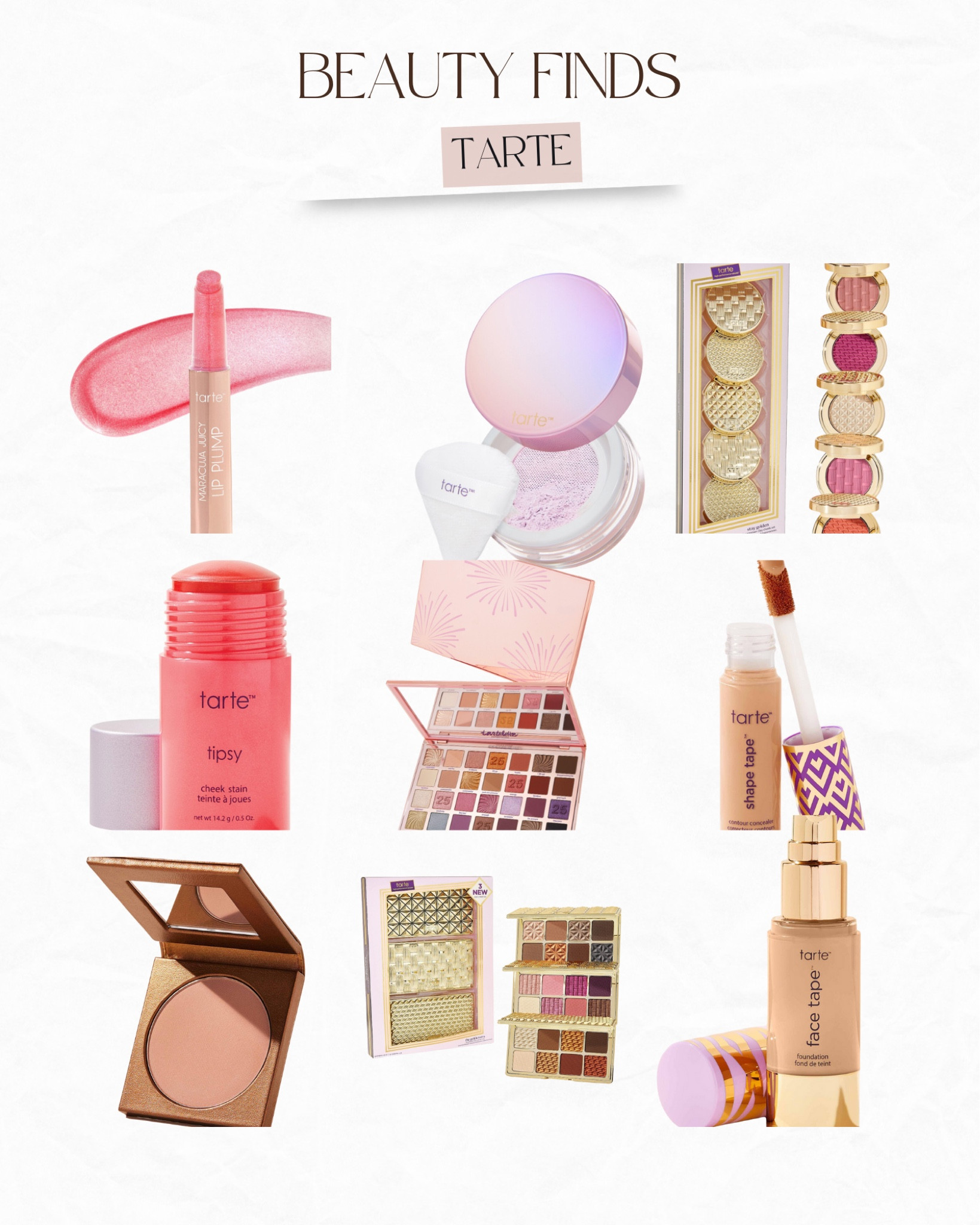Beauty finds. Tarte. Juicy lips. Eyeshadow. Palettes. Translucent powder. Cheek stain. Tarte shape tape. Bronzer. Foundation.

#LTKSeasonal #LTKFindsUnder100 #LTKBeauty