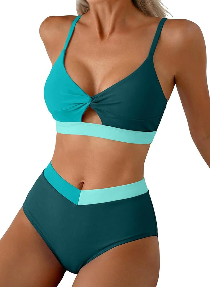 Herseas Women's Bikini Sets Twist Color Block Swimsuits 2 Piece High Waisted Bathing Suit Swim Su... | Amazon (US)