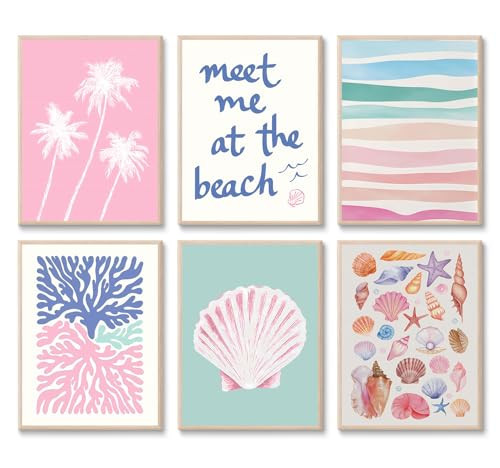 6 Pcs Coastal Beachy Wall Art Tropical Summer Shell Ocean Paintings Prints Posters Trendy Pink Preppy Palm Tree Canvas Wall Decor Aesthetic for Bedroom Living Room Dorm Apartment 8x10inch Unframed | Amazon (US)