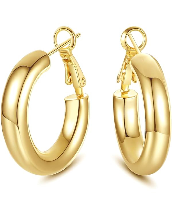 SHOWNII Chunky Gold Hoop Earrings, 14K Gold Plated Chunky Tube Hoop Earrings for Women Lightweigh... | Amazon (US)