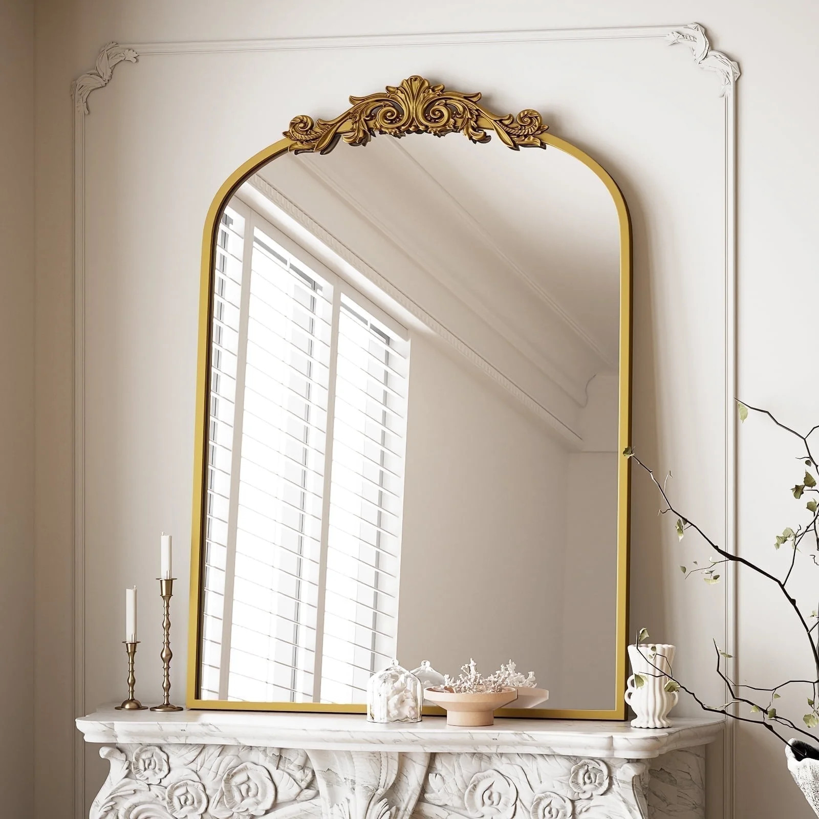 BEAUTYPEAK 40"x30" Vanity Wall Mirror Decorative Vintage Arch Bathroom Mirror,Gold | Walmart (US)