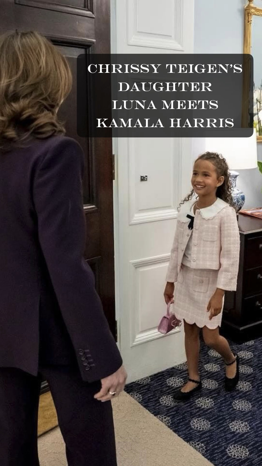 Spotted! Chrissy Teigen’s daughter meeting VP Kamala Harris @vp. Proud mom @chrissyteigen shared this photo yesterday on Instagram. She captioned her post “I’m still glowing from this moment when my Luna (in her adorable mini power suit) met VP Harris at the White House this past June.”

Wondering who designed that adorable mini pink power suit? Mystery solved! Luna is wearing a Self-Portrait London Pink Check Tweed Jacket & Skirt outfit. 

Chrissy Teigen is wearing a beautiful pink polka dot bow dress 👗 by Alessandra Rich @alessandrarich along with a pair of white patent leather pumps by @manoloblahnik and gold earrings by @bogettaveneta. 

Love the photo of Chrissy’s youngest daughter Esti meeting VP Kamala Harris in the White House. 

#kamalaharris #vp #chrissyteigen #johnlegend #lunastephens #celebritynews #celebritystyle #celebritycloset #luxurylifestyle #celebrityfashion  

#LTKKids #LTKVideo #LTKStyleTip