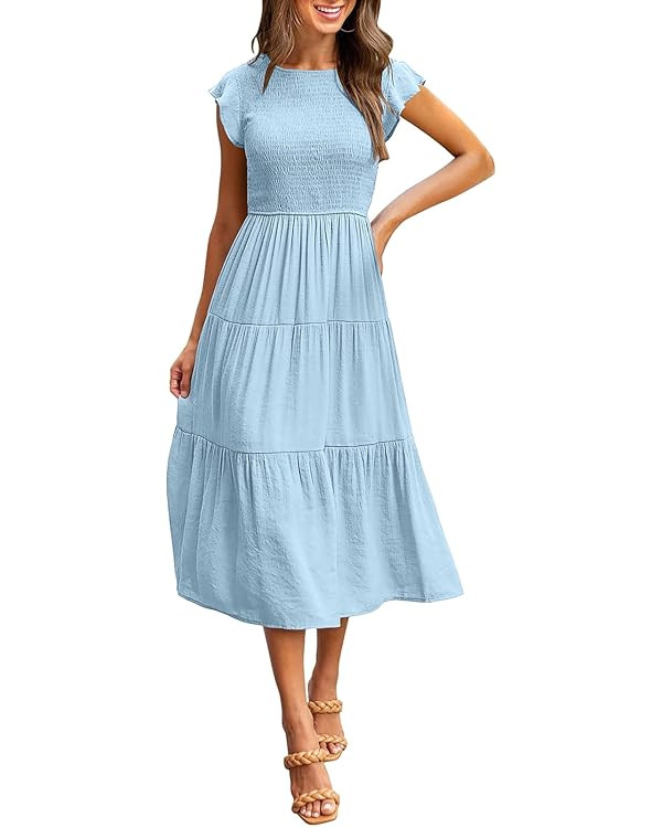 MEROKEETY Women's Flutter Short Sleeve Smocked Midi Dress Summer Casual Tiered A-Line Dress | Amazon (US)
