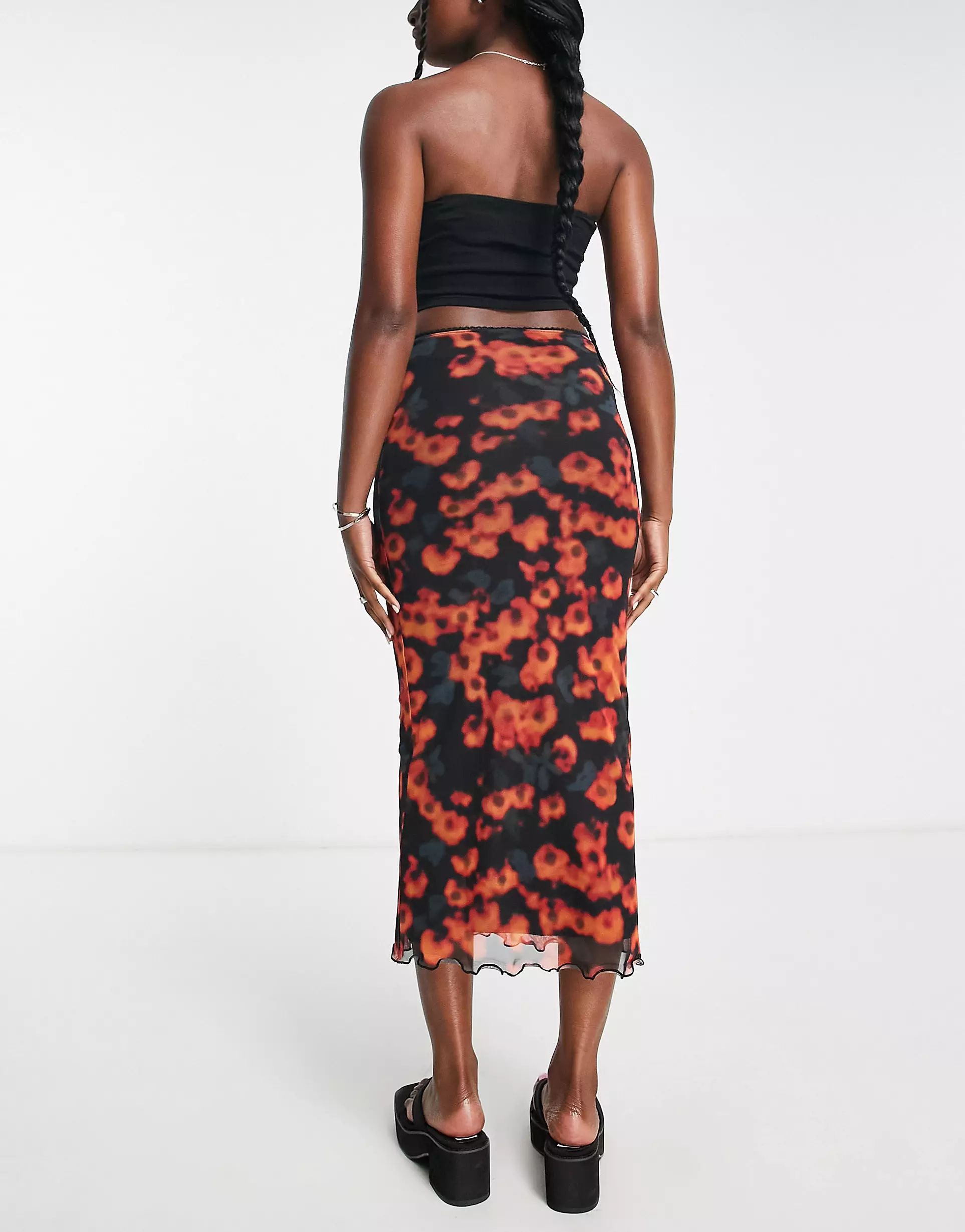 Topshop jersey mesh photographic floral print midi skirt in black and red | ASOS (Global)