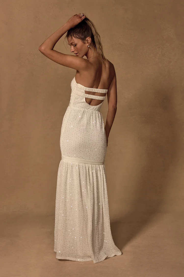 Sutri Cream Crochet Sequin Strapless Maxi Dress | Lulus