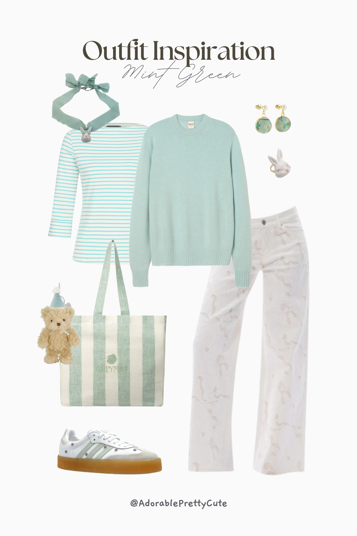Outfit Inspo｜Soft Mint & White Bunny Mood 🐰🍃 Cool mint knits, soft pearl accents, and airy white lace denim create a light, gently playful balance. Fresh, calm, and quietly cute — an easy look for days that call for softness with a little charm.
#MintOutfit #CoolMint #PearlDetails #WhiteDenim #LaceJeans #mintgreen #adidasSamba  #widelegjeans #SoftPalette #GentleStyle #QuietCute #ColorHarmony #SpringMood #SpringOutfit #SummerOutfit #EverydayOutfit #GrownUpAdorable #BunnyCharm #OutfitInspo #SoftStyle #LTKFinds #LTKspring 

 #LTKsummer #LTKstyletip #LTKjeans