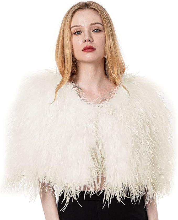 Women Ostrich Fur Feather Small Shawl Cape for Wedding for Party Bride Furry White Color Blush Fl... | Amazon (US)