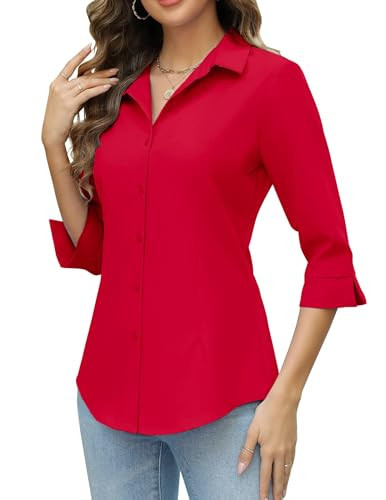 HOTOUCH Red Button Down Shirt Women's Half Sleeve Button Down Shirt Basic Solid V Neck Work Red Blouse M | Amazon (US)