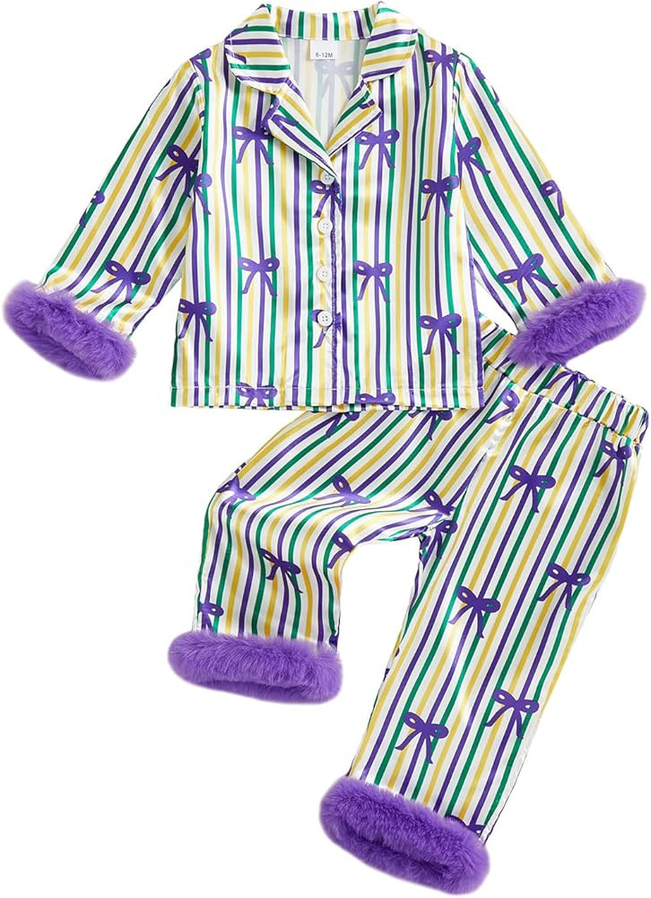 Kavousa Kids Mardi Gras Pajamas Toddler Girl Satin Pajama Lobster/Mask Print Feather Trim Button ... | Amazon (US)