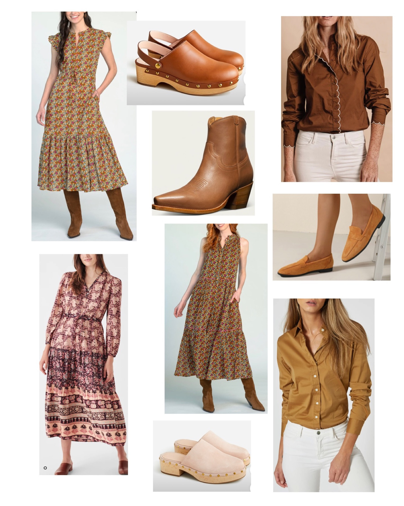 Midi dress under $200 boots booties clogs tan mustard fall 