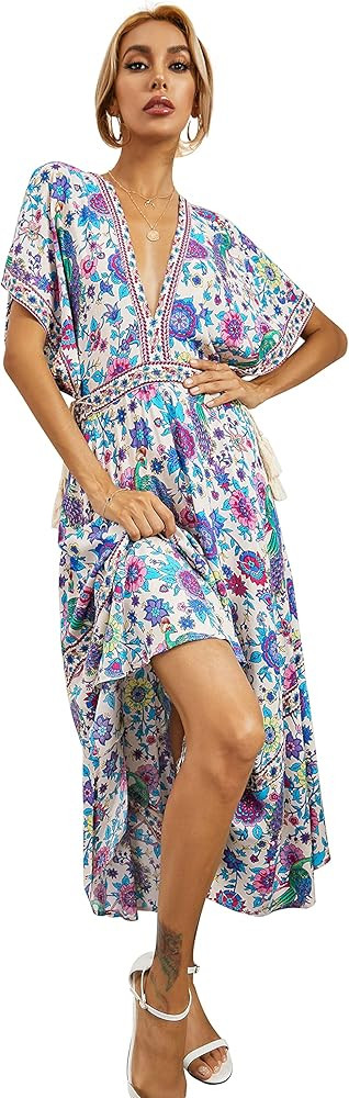 R.Vivimos Women Summer Print Deep V Neck Cotton Beach Long Dresses | Amazon (US)