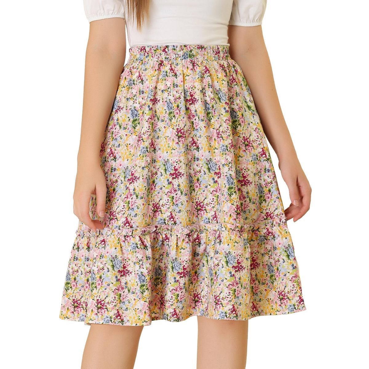 Allegra K Women's Ruffle Hem Elastic Waist Flowy A-Line Swing Floral Midi Skirt | Target