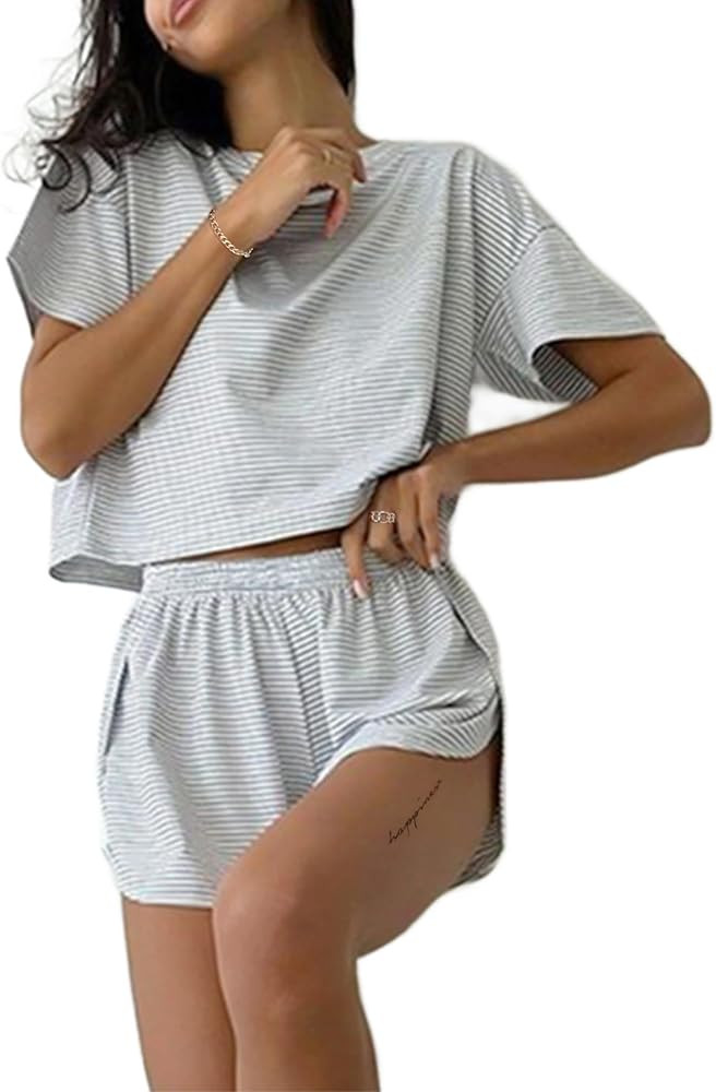 Remidoo Women's Striped Tee Shirts and Shorts Pajamas Set Side Slit Crewneck Loungewear | Amazon (US)