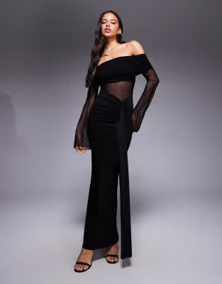 Kaiia exclusive double layered slinky foldover bardot sheer panel ruched skirt maxi dress in blac... | ASOS (Global)