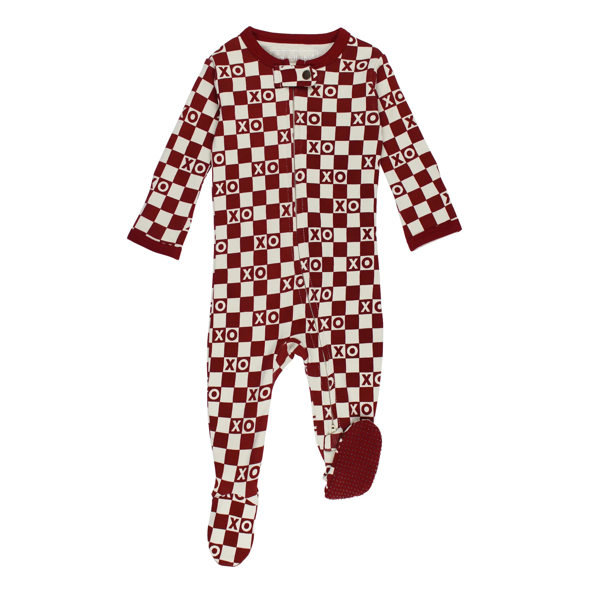 Crimson XO Checker | Organic Zipper Footie | L'ovedbaby