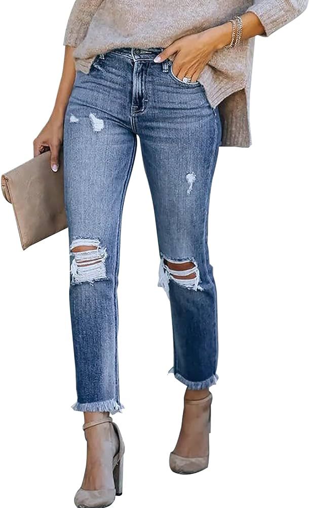 KUNMI Women's Ripped Boyfriend Slim Fit Jeans Frayed Distressed Stretchy Denim Pants | Amazon (US)
