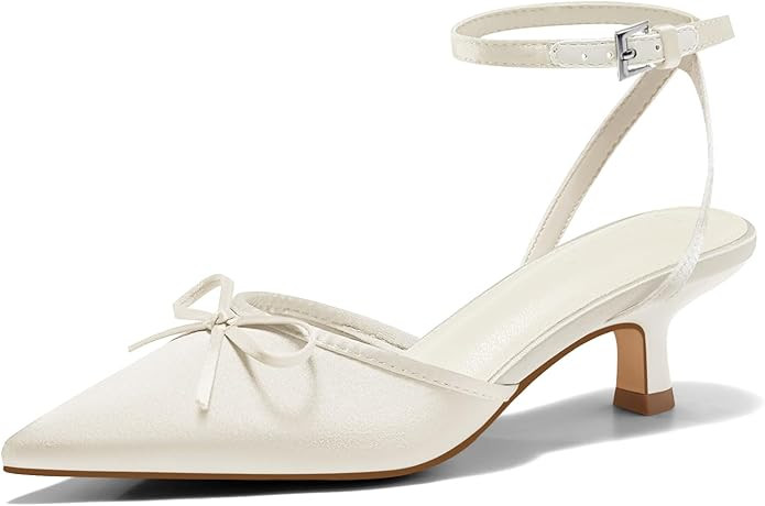 Coutgo Satin Kitten Low Heels with Bow Closed Pointed Toe Short Pumps Dress Wedding Party Shoes | Amazon (US)