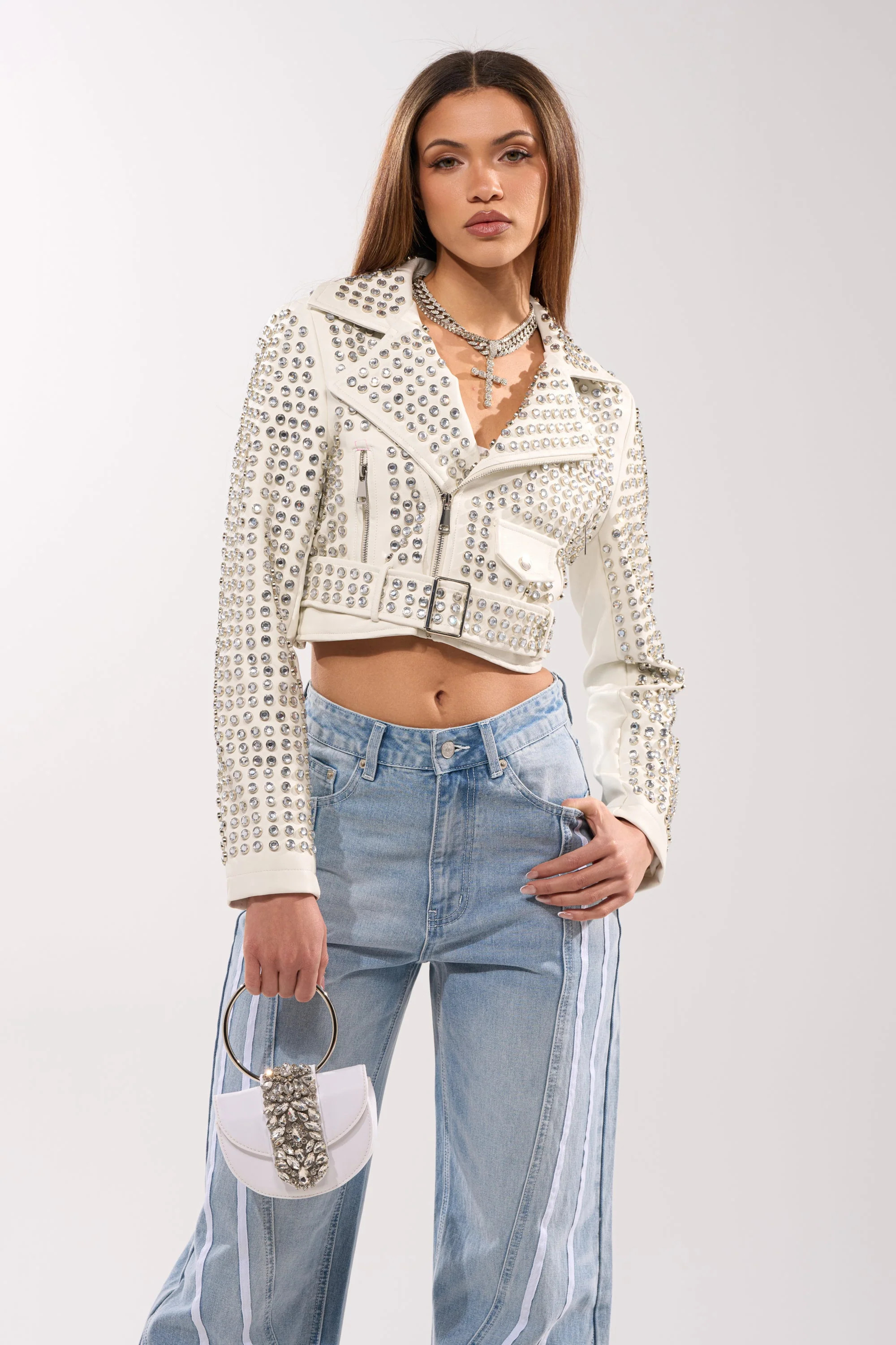 DEMI EMBELLISHED MOTO IN WHITE | AKIRA