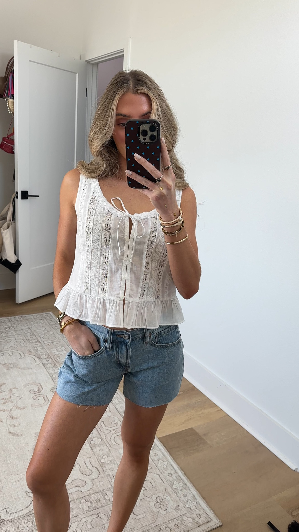 Wearing size 24. @tillys RSQ Low Rise Baggy Carpenter Shorts. 5-pocket denim styling with a hammer loop on the left leg. Button closure with zip fly. Belt loop waistband. Low rise. Baggy fit. Frayed leg openings

#LTKSwim #LTKootd #LTKSeasonal