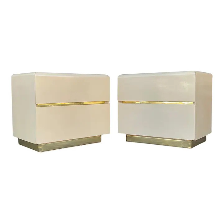 1980s Lane Postmodern Cream Lacquered Nightstands With Brass Accent-A Pair | Chairish