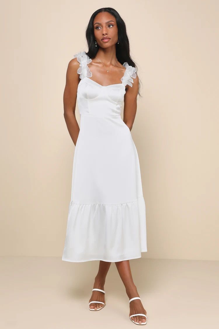 Divinely Charming White Satin Floral Applique Bustier Midi Dress | Lulus