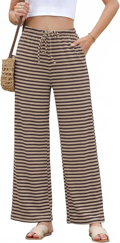 EVALESS Striped Pants Women Casual Wide Leg Drawstring Elastic Waist Kint Trousers Lounge Sweatpa... | Amazon (US)