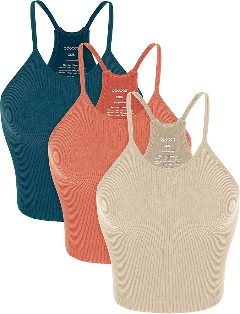 ODODOS Women's Crop 3-Pack Seamless Rib-Knit Camisole Crop Tank Tops | Amazon (US)