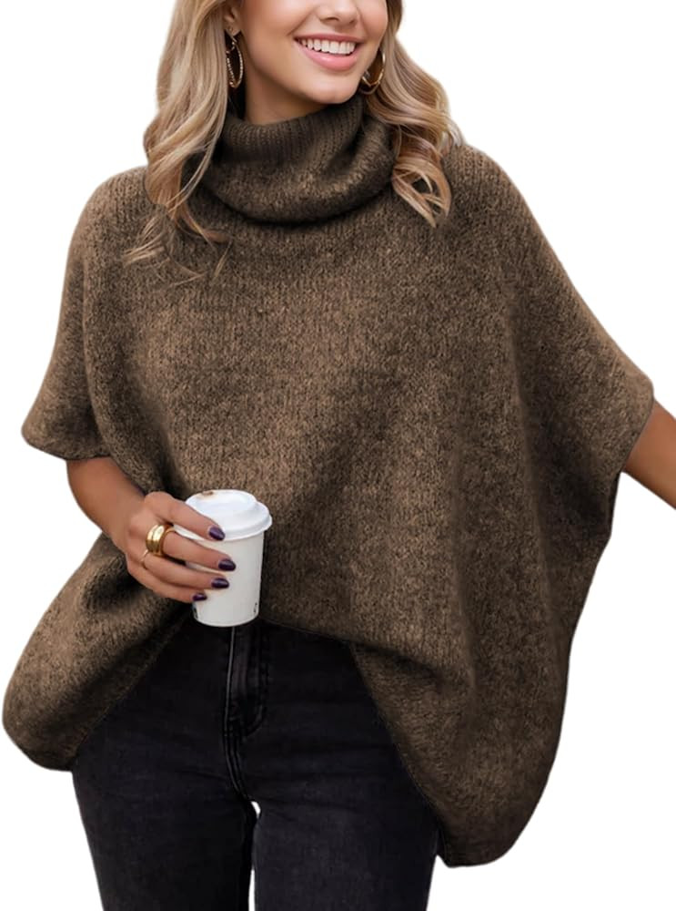 Womens Turtleneck Batwing Sleeve Sweater Knitted Oversized Chunky Short Dolman Tops | Amazon (US)