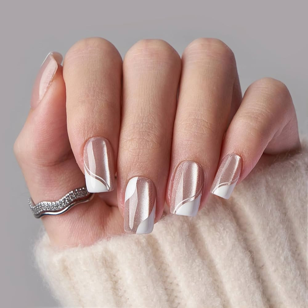 BTArtbox Press on Nails Square, White Designed Swirl French Tip Press on Nails for Gifts, Light W... | Amazon (US)