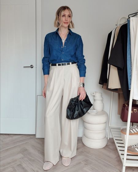 4/10 denim shirt outfits - white trousers - wide leg trousers - smart casual workwear - mesh ballet flats 

#LTKfindsunder50 #LTKshoecrush #LTKworkwear