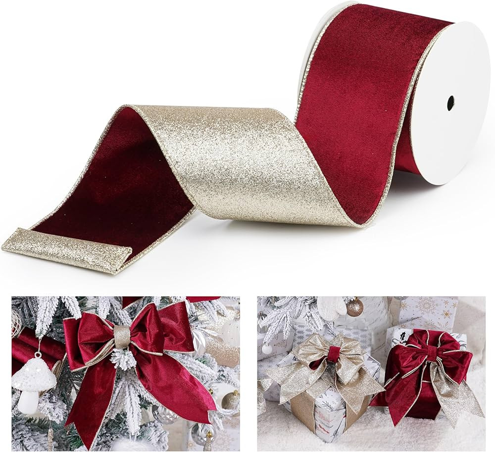 Burgundy Velvet Wired Ribbon with Glitter Back 4 Inch Burgundy and Gold Christmas Ribbon Wired Ri... | Amazon (US)