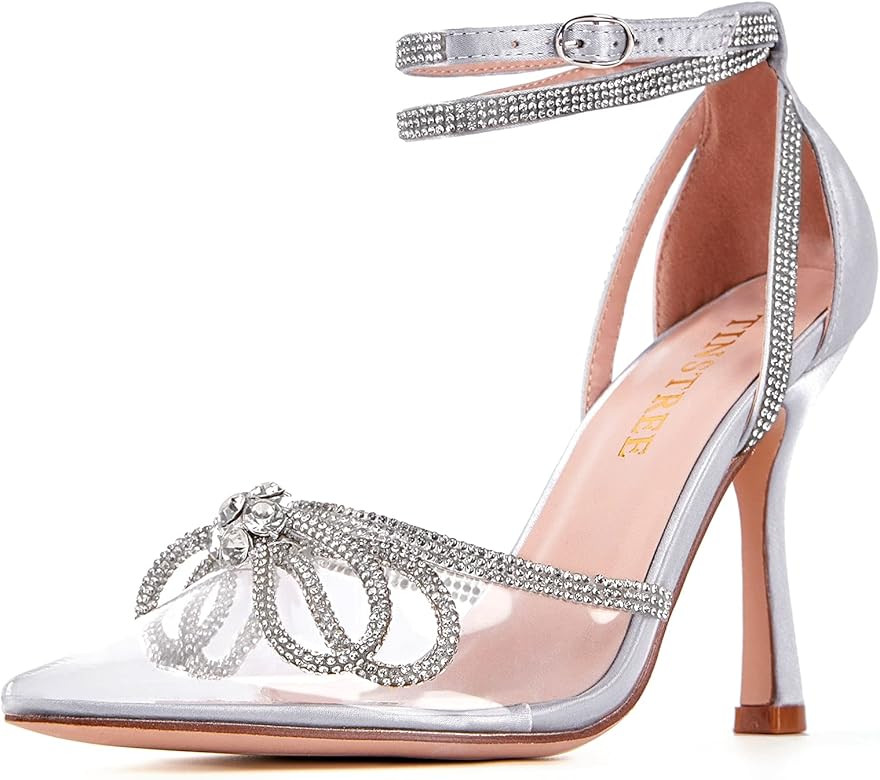 TINSTREE Women's Rhinestone Ankle Strap Heeled Sandals Pointy Toe Stilettos High Heels Pumps Lace Up Sparkling Wedding Bridal Dress Shoes | Amazon (US)