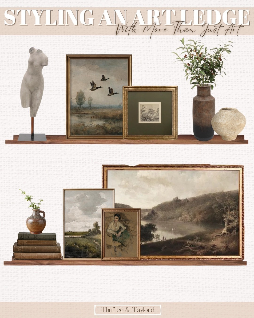 What makes an art ledge feel really interesting is when it goes beyond just frames.

Mixing in a few small objects, stacked books, or something natural like greenery adds that extra layer that keeps it from feeling flat. It’s still simple, but it has a bit more depth and personality.

I always find that the best ledges feel slightly collected over time—nothing too perfect, just a balance of pieces that work well together.

I linked everything here that gives this same layered, neutral look if you’re building out an art ledge of your own.

#LTKHome