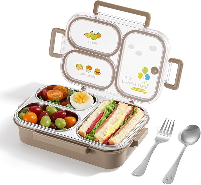 NUKied Stainless Steel Lunch Box for Kids & Adults, 3-Compartment Leak Proof Metal Bento Lunch Bo... | Amazon (US)