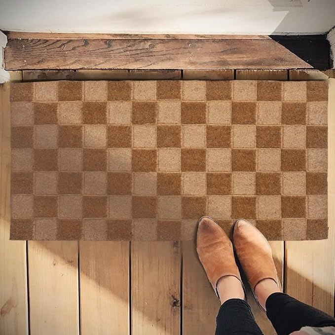 Creative Co-Op Engraved Coir Checkerboard Print and PVC Back, Natural Doormat | Amazon (US)