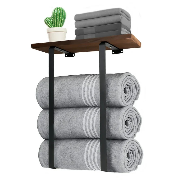 Towel Racks for Bathroom Wall Mounted, Metal Towel Holder for Bathroom Wall with Wooden Shelf, To... | Walmart (US)
