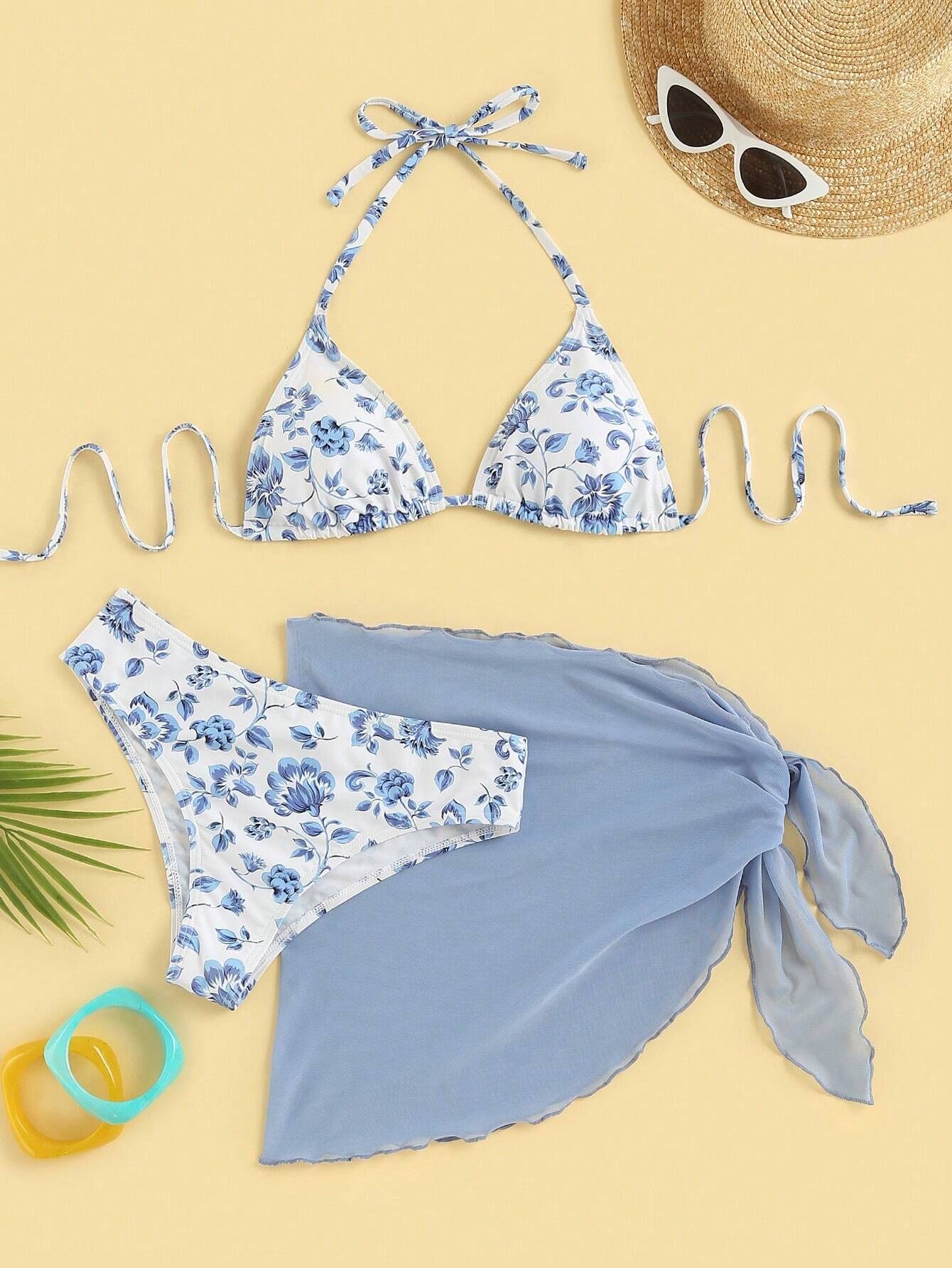 SHEIN Swim Mod Floral Print Triangle Bikini Swimsuit With Beach Skirt | SHEIN