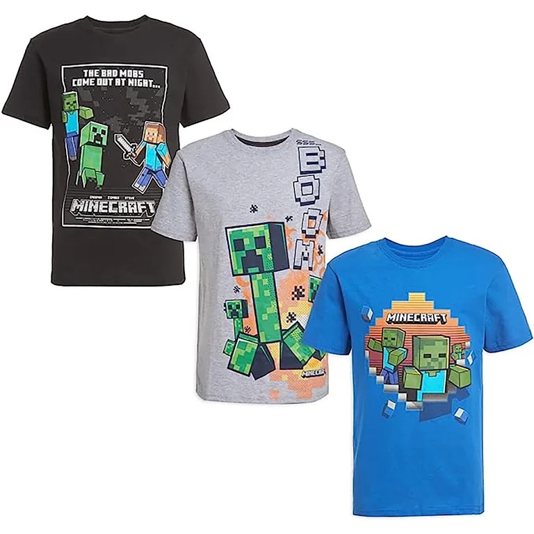 Minecraft Boys Creeper & Characters 3 Colors Short Sleeve T-Shirt Set, 3 Pack (Sizes 4-16) | Walmart (US)