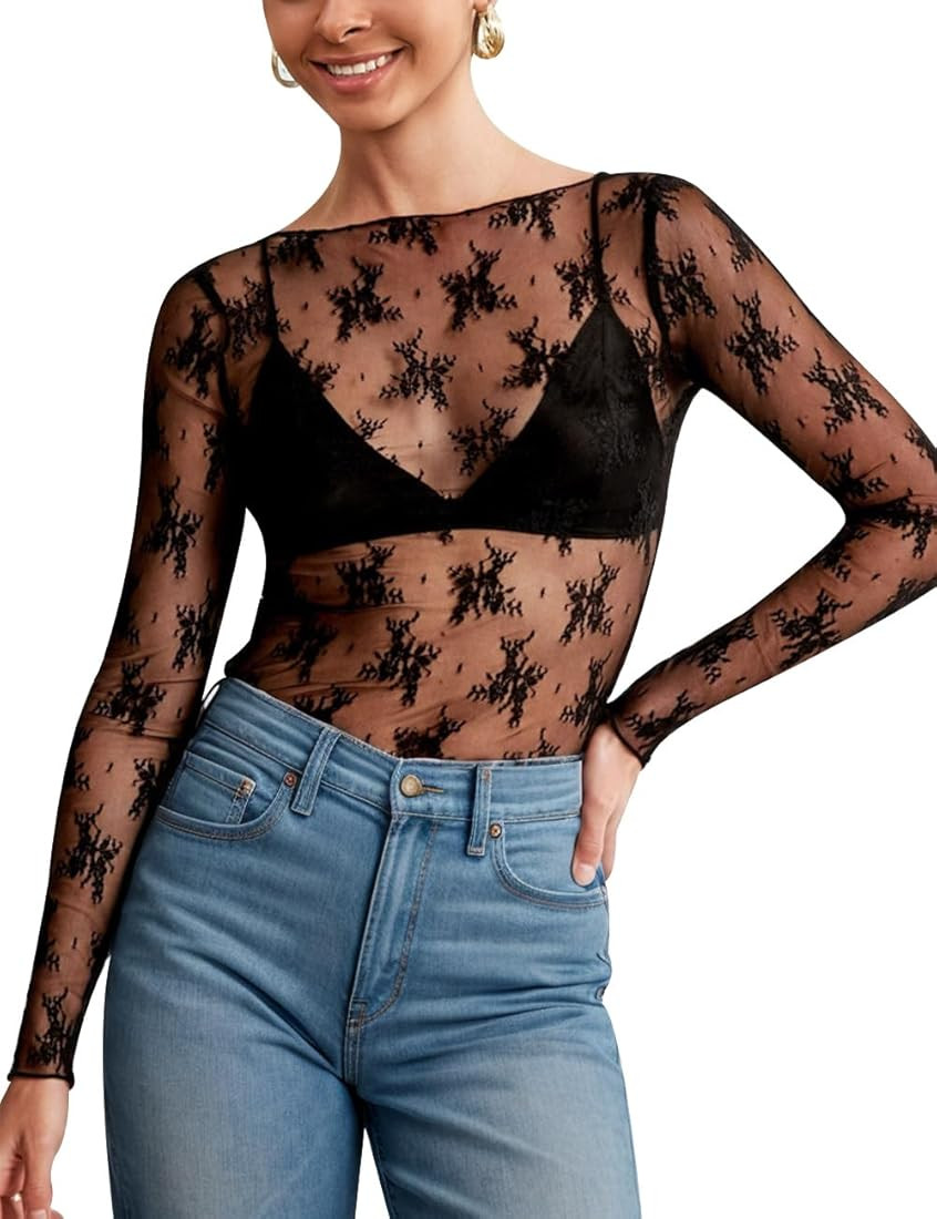 KTILG Womens Lace Long Sleeve Boat Neck Tops Embroidery Sheer Blouse Sexy See Through Shirt Mesh ... | Amazon (US)