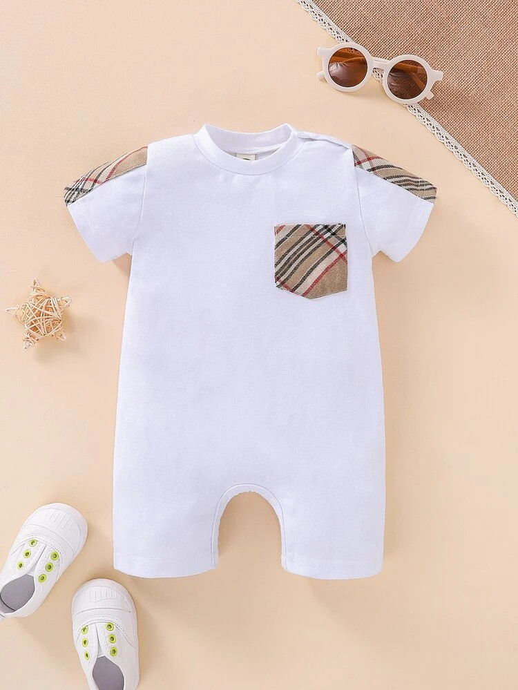 Baby Plaid Patched Pocket Romper | SHEIN