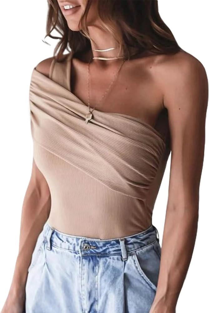 LYANER Women's One Shoulder Cut Out Knit Ruched Slim Fitted Shirt Blouse Top Khaki Medium at Amaz... | Amazon (US)