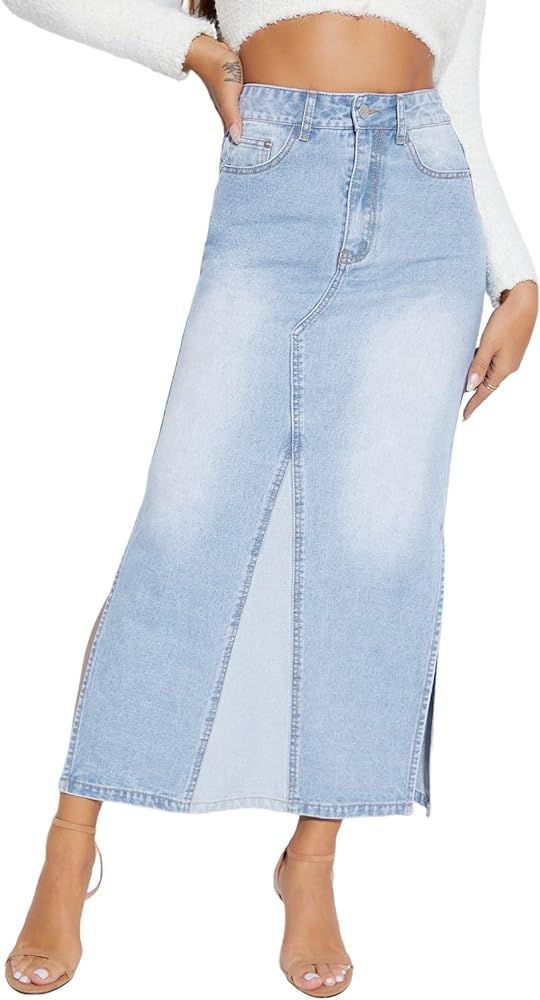 Long Denim Skirts for Women Maxi Paperbag High Waist Frayed Raw Hem A line Flare Jean Skirt with Poc | Amazon (US)