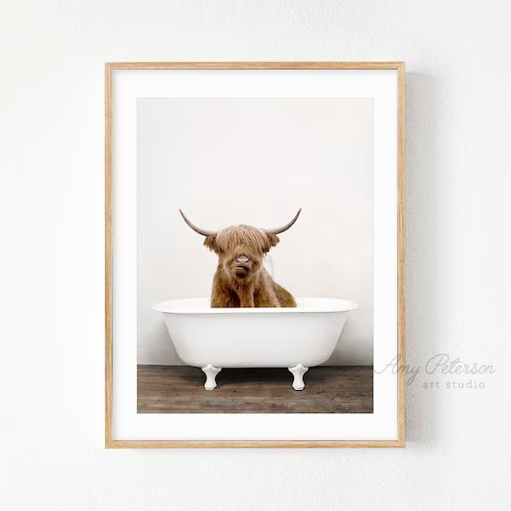 Highland Cow in a Bathtub, Cow Taking a Bath, Bathroom Art, Cow Bathing, Whimsy Animal, Funny Bat... | Etsy (US)