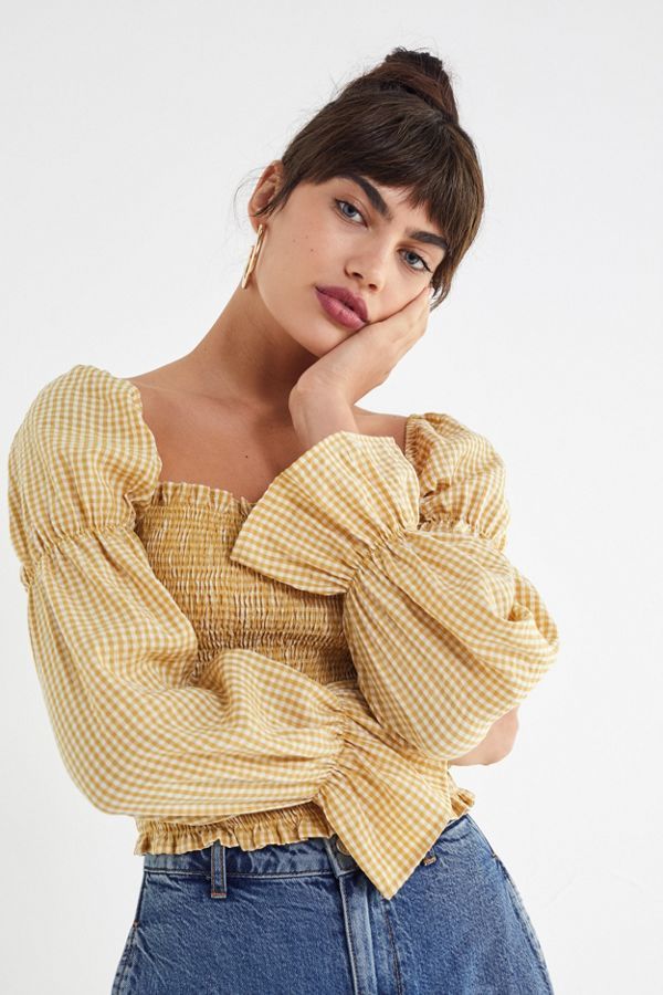 UO Gingham Cinched-Sleeve Blouse | Urban Outfitters (US and RoW)