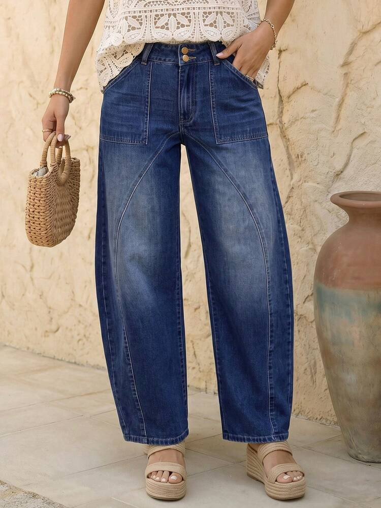 EMERY ROSE Women's Navy Blue Autumn Casual Everyday Pocket Flared Loose Fit Jeans,Street Patchwor... | SHEIN