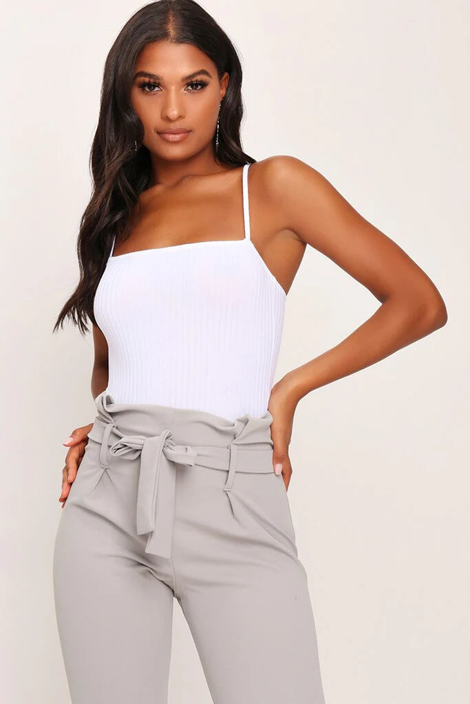 White Ribbed Strappy Bodysuit | ISAWITFIRST