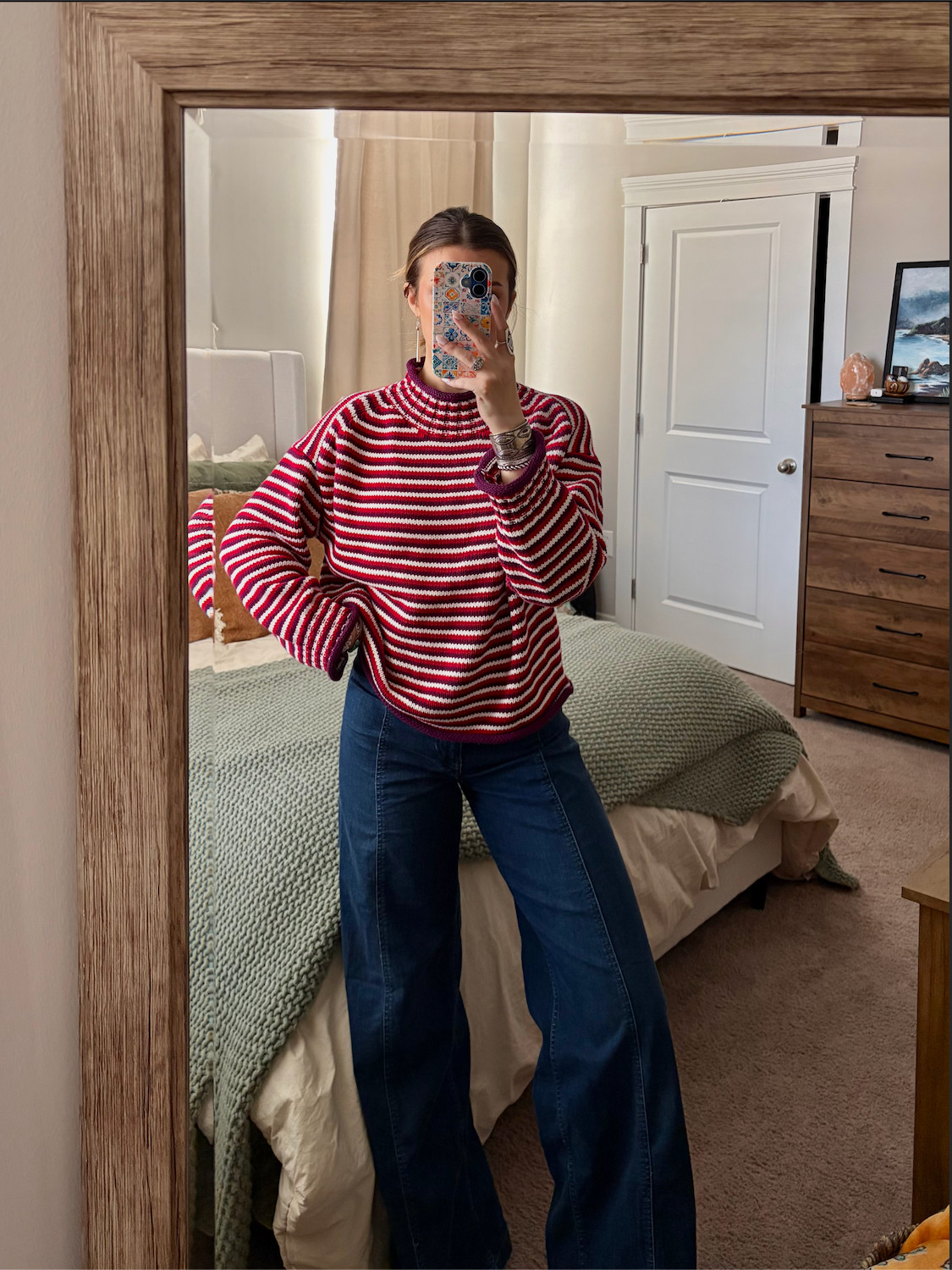 27 in pants 
Small in sweater -ivory ruby raisin