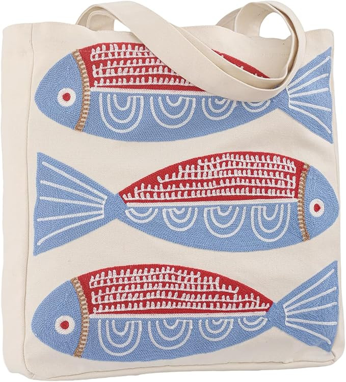Ocean-Themed Embroidery Tote Bag for Women Summer Canvas Beach Bag Reusable Bag for Shopping Groc... | Amazon (US)